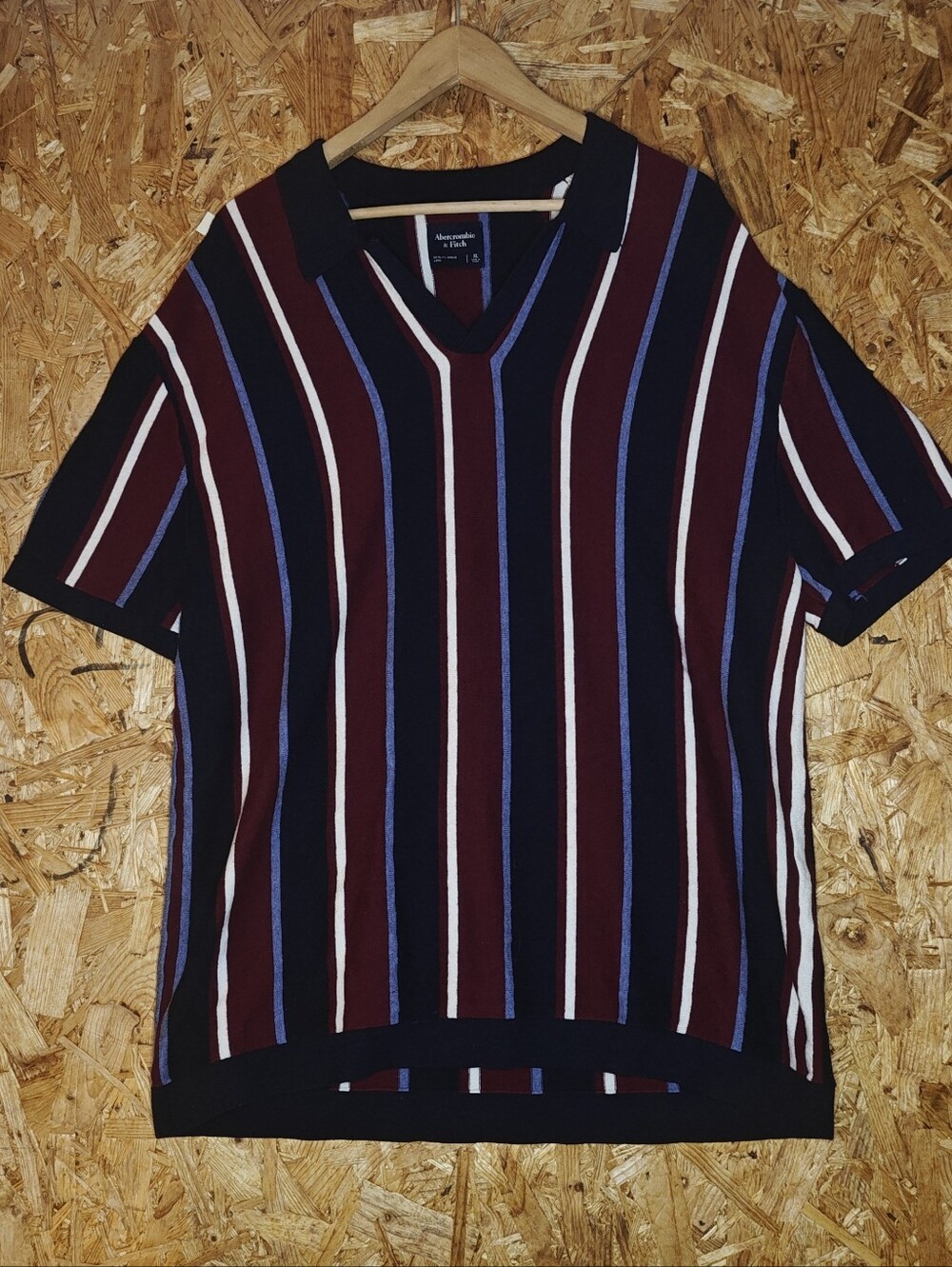 Abercrombie & Fitch Vertical Stripe V-Neck Polo - Burgundy, Black & Blue